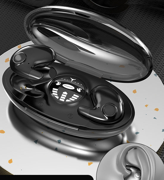 Black compact Bluetooth earbuds with USB-C charging case
