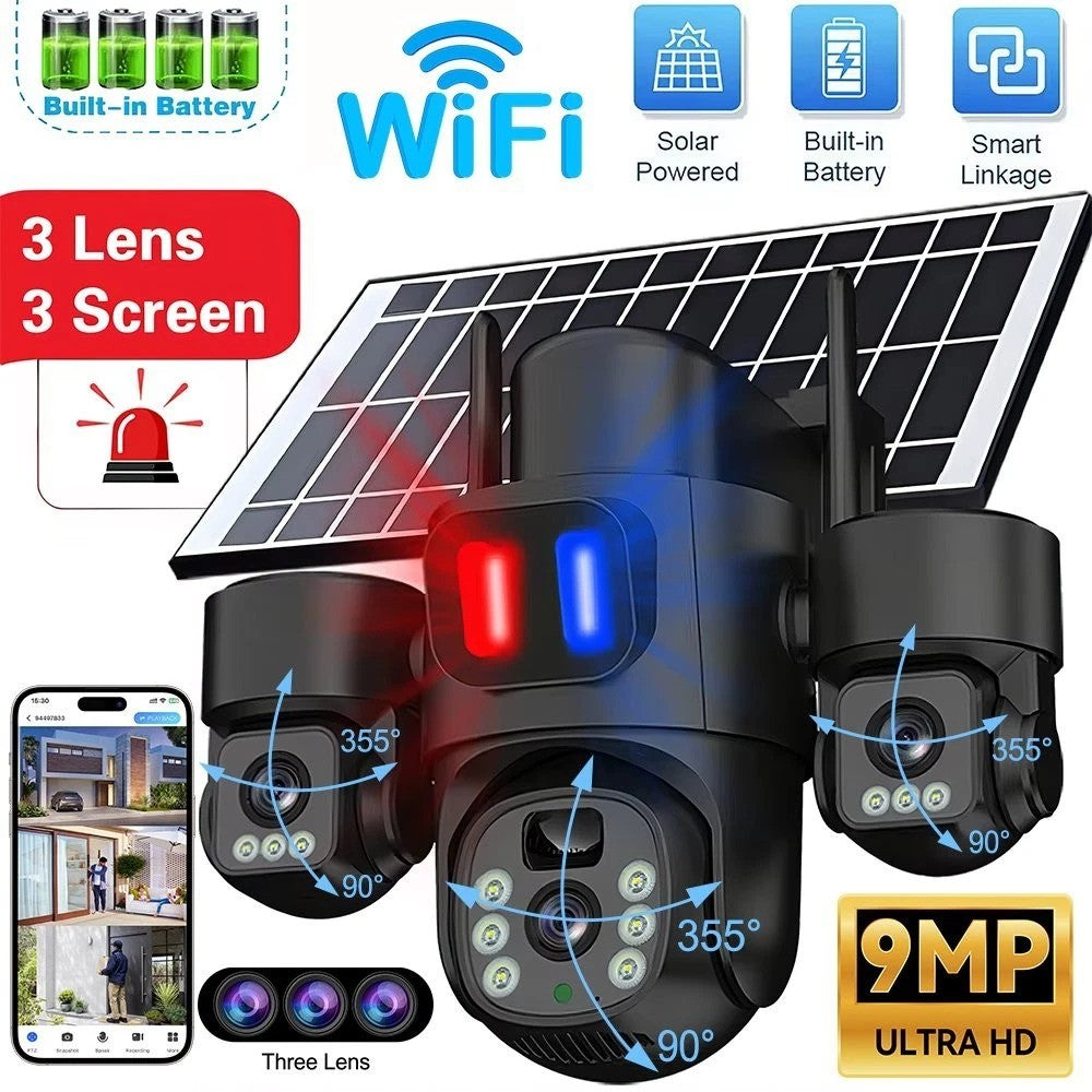 Triple-Lens Solar Wi-Fi Security Camera