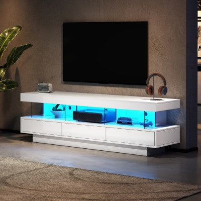 White 160cm LED TV stand with three drawers and open shelves, product image 2 of 3