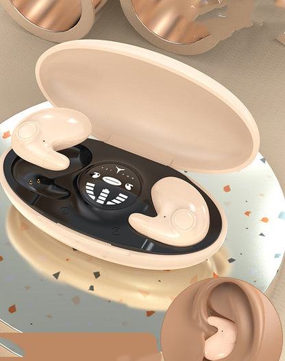 Beige compact Bluetooth earbuds with USB-C charging case