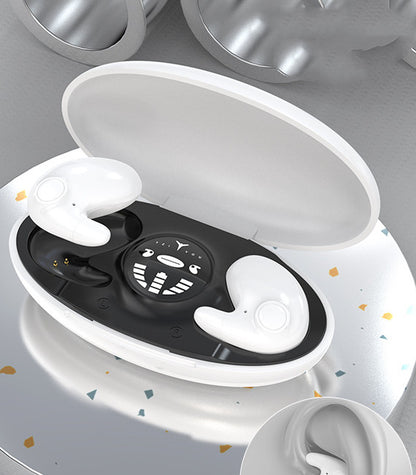 White compact Bluetooth earbuds with USB-C charging case