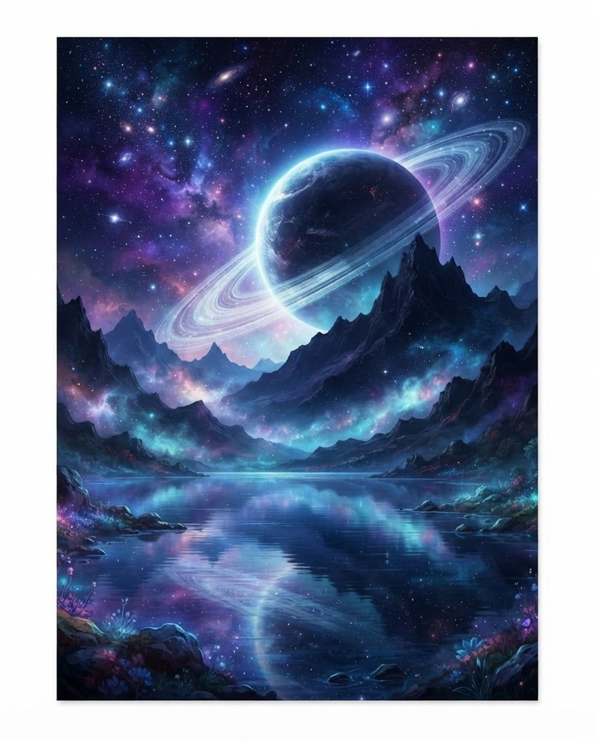 Surreal ringed planet and mountain printable wall art